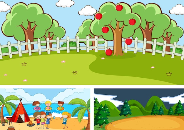 Set of different horizontal scenes with doodle kids cartoon character