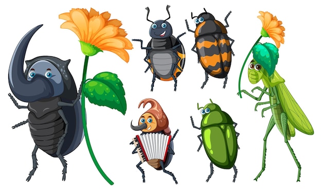 Free vector set of different insects and beetles in cartoon style