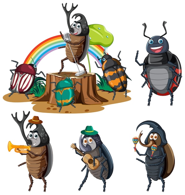 Set of different insects and beetles in cartoon style