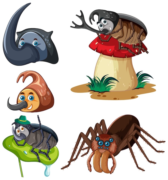 Set of different insects and beetles in cartoon style