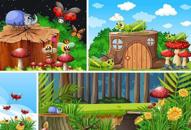 set of different insects living in the garden background