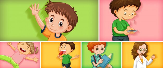 Set of different kid characters on different color background