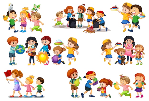 Set di diversi bambini che giocano con i loro giocattoli personaggio dei cartoni animati isolato su sfondo bianco