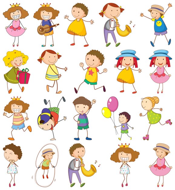 Set of different kids in doodle style