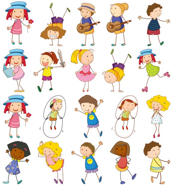 Free Vector set of different kids in doodle style