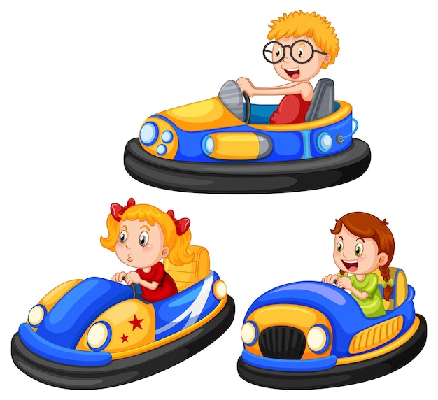 Set di bambini diversi che guidano autoscontri in stile cartone animato