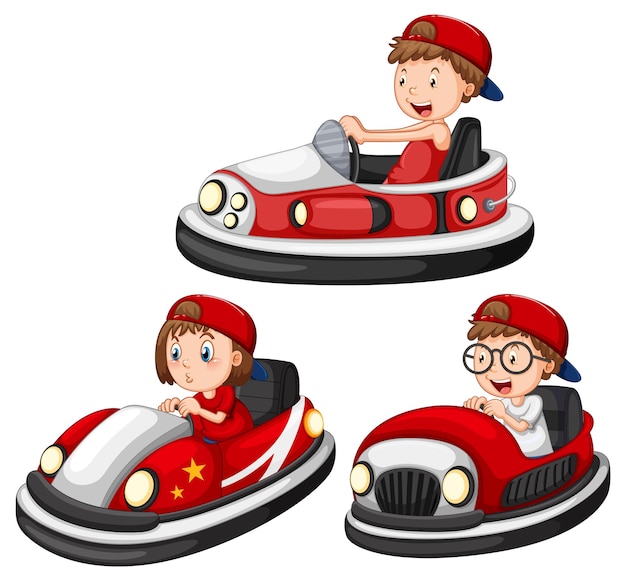 Set of different kids driving bumper cars in cartoon style