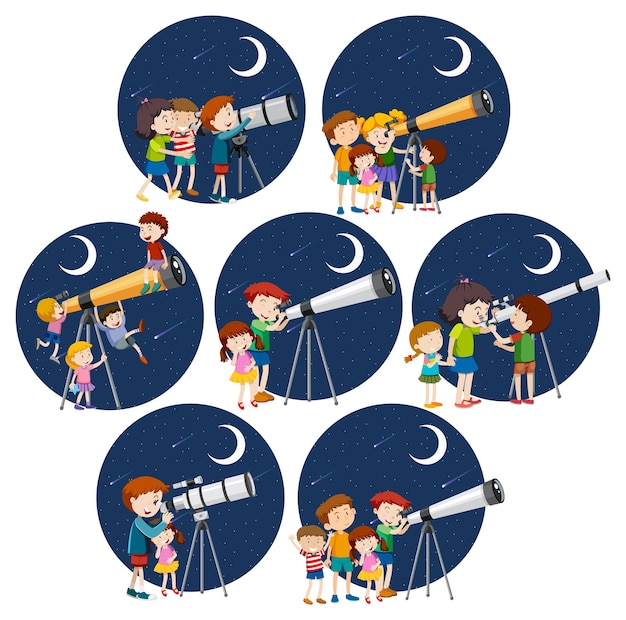 Vettore gratuito set di bambini diversi che guardano attraverso il telescopio di notte