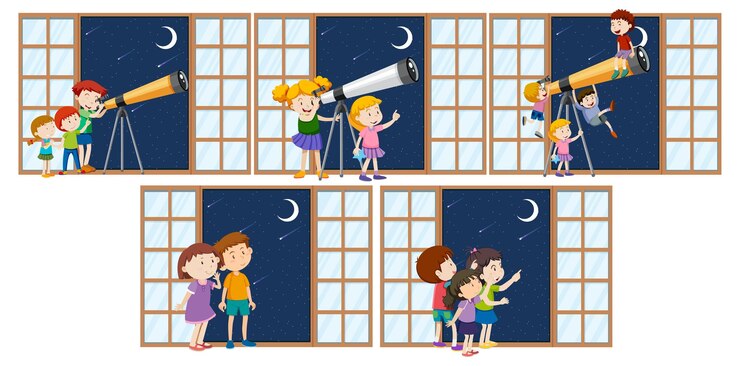 Free Vector set of different kids observe night sky with telescope