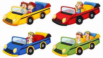 Free vector set of different kids with convertible cars