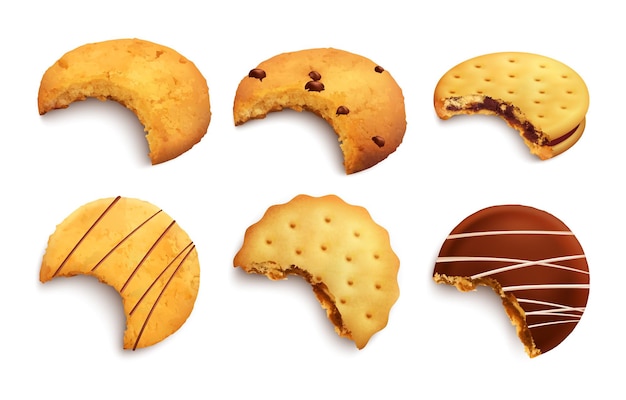 Free vector set of different kind of bitten tasty cookies glazed with chocolate crumbs and jam layer isolated realistic