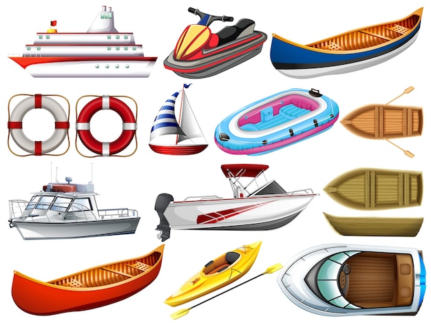 Набор различных видов лодок и кораблей, изолированные на белом фоне