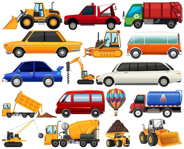 Set of different kind of cars and trucks isolated on white background