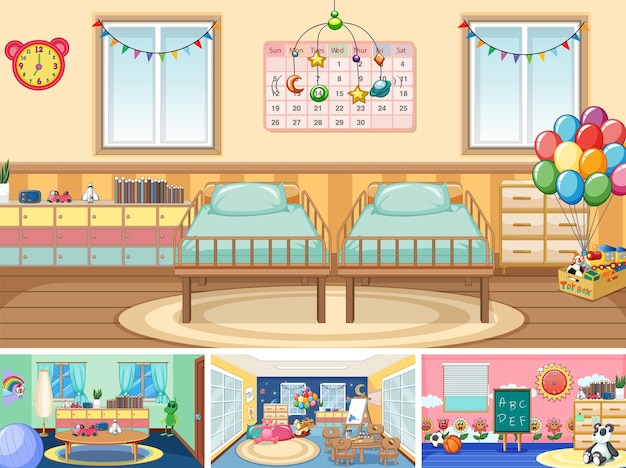 Set of different kindergarten classroom scenes