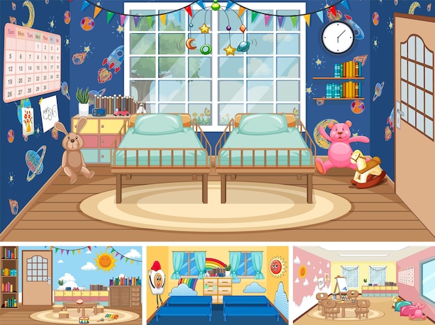 Free vector set of different kindergarten classroom scenes