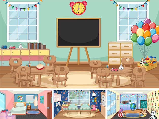 Free vector set of different kindergarten classroom scenes