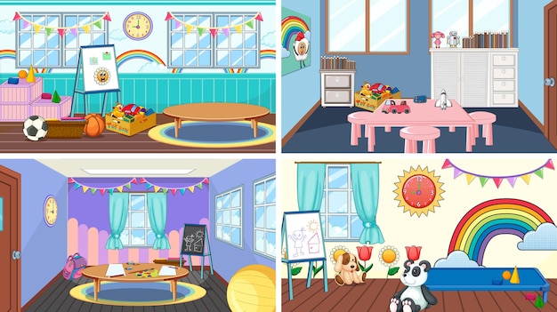 Set of different kindergarten classroom scenes