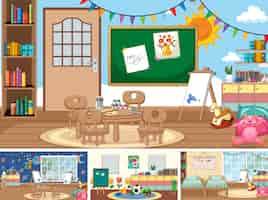 Free vector set of different kindergarten classroom scenes