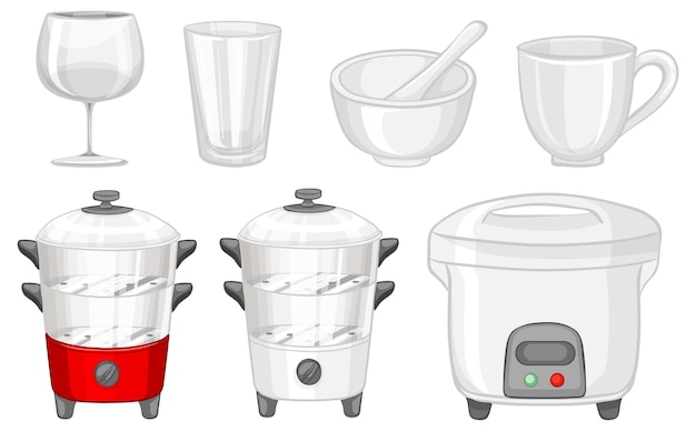 Set of different kitchenware on white background