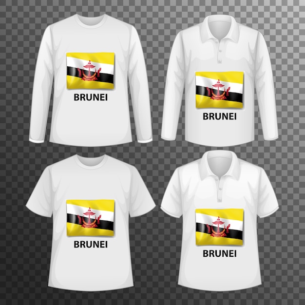 Set of different male shirts with Brunei flag screen on shirts isolated