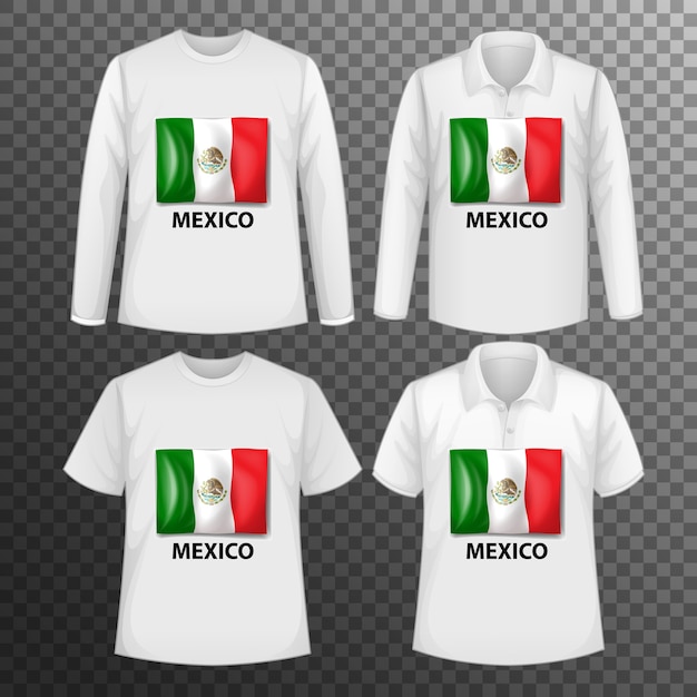 Set of different male shirts with mexico flag screen on shirts isolated