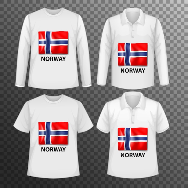 Vettore gratuito set di diverse camicie maschili con schermo bandiera norvegia su camicie isolate
