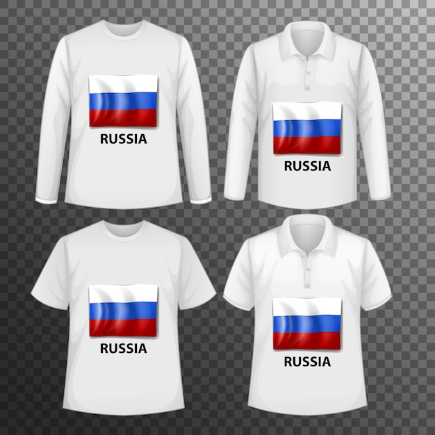 Set di diverse camicie maschili con schermo bandiera russia su camicie isolate