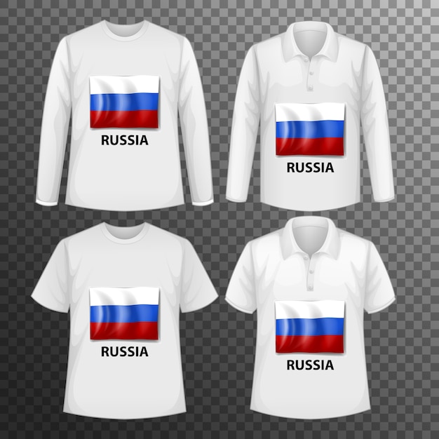 Set of different male shirts with Russia flag screen on shirts isolated
