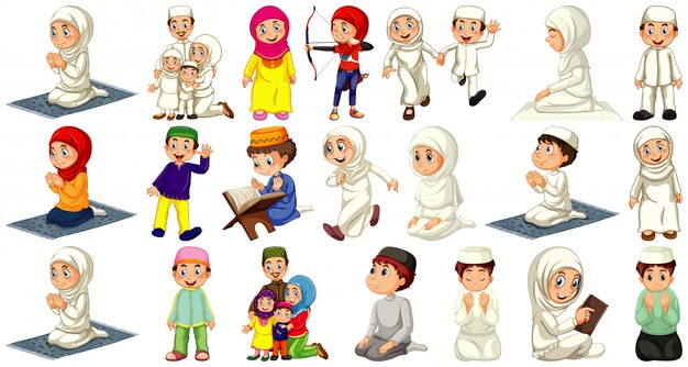 Set Of Different Muslim People Cartoon Character Isolated On White Background