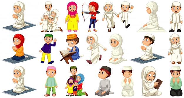 다른 이슬람 사람들이 만화 캐릭터 흰색 배경에 고립의 집합