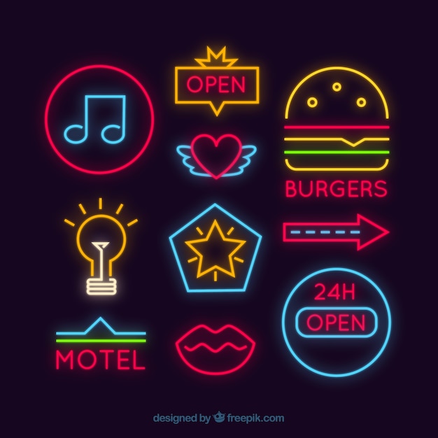 Set of different neon signages