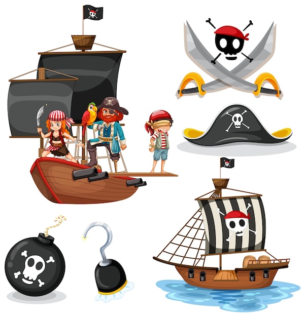 Set di diversi personaggi dei cartoni animati di pirati