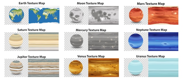 Vettore gratuito set di diverse mappe di texture del pianeta