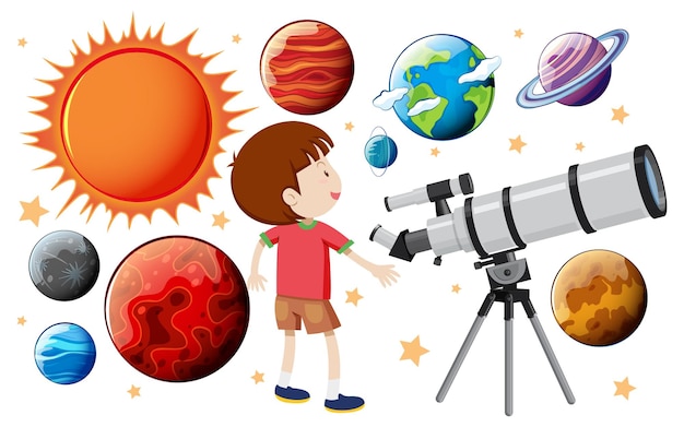 Set of different planets and cartoon character