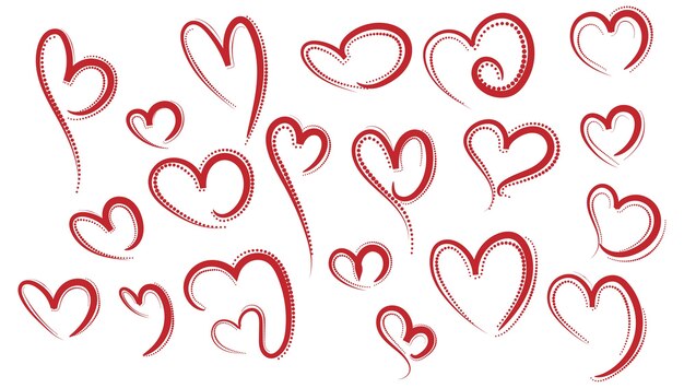 Набор эскизов различных красных сердец
