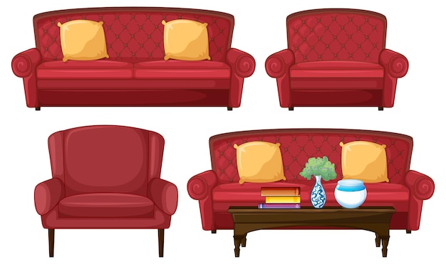 Set of different red sofas in cartoon style