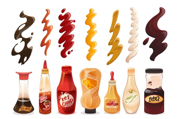 set of different sauces in bottles and strokes