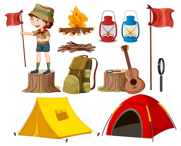 Vettore gratuito set di diversi bambini scout ed elementi da campeggio