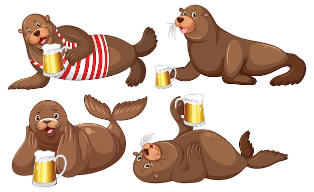 Set of different sea lions cartoon characters