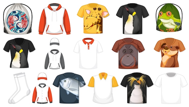 Free vector set of different shirts and accessories with animal patterns