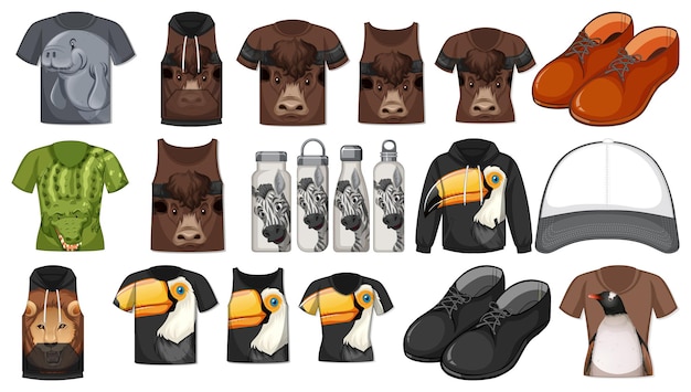 Free vector set of different shirts and accessories with animal patterns