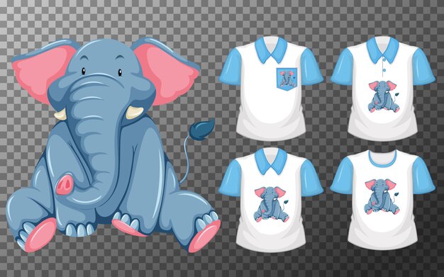 Set of different shirts with elephant cartoon character isolated on transparent background