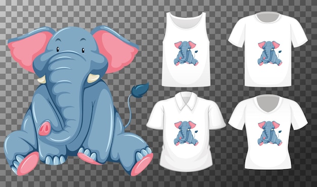 Vettore gratuito set di camicie diverse con personaggio dei cartoni animati di elefante isolato su sfondo trasparente
