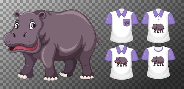 Free vector set of different shirts with hippopotamus cartoon character isolated on transparent background