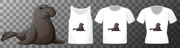 Set of different shirts with manatee cartoon character isolated on transparent background