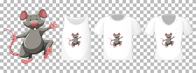 Set of different shirts with mouse cartoon character isolated on transparent background