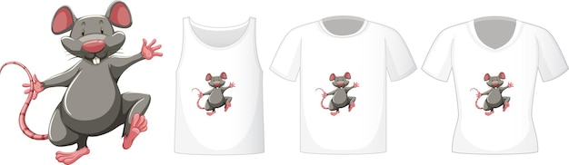 Free vector set of different shirts with mouse cartoon character isolated on white background