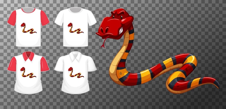 Free Vector set of different shirts with snake cartoon character isolated on transparent background