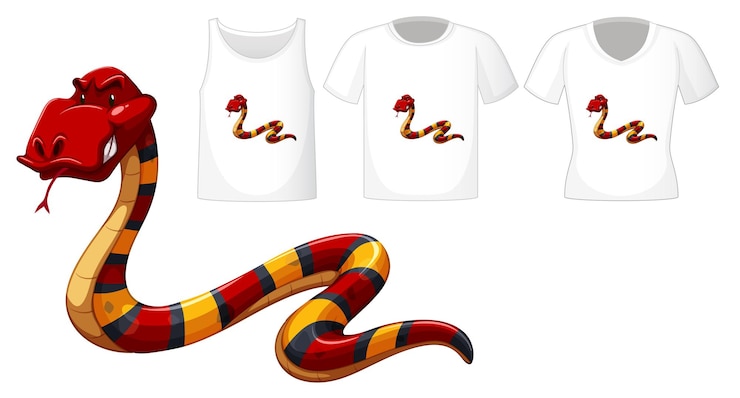 Free Vector set of different shirts with snake cartoon character isolated on white background