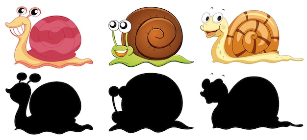Free vector set of different snails with its silhouette on white background
